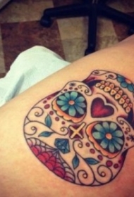 腿部彩色墨西哥骷髅纹身图片