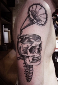 大臂雕刻风格黑色骷髅结合留声机纹身图案