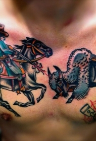 欧美彩色牛仔公牛胸部纹身图案