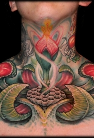 颈部出色的设计五彩神秘的花朵纹身图案