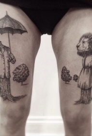 大腿奇怪的黑色狮子和树雨伞纹身图案