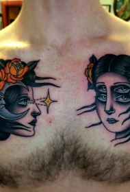 胸部new school彩色女人肖像和月亮纹身图案