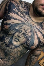 胸部宗教风格黑色哭泣女人和字母纹身图案