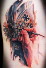 手臂水彩风格的中世纪教堂纹身