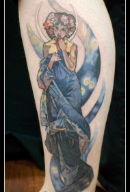 小腿old school彩色女人花朵纹身图案