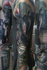 手臂现实主义风格的彩色城市景观纹身