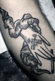 小腿黑色线条手与钥匙和香烟纹身图案