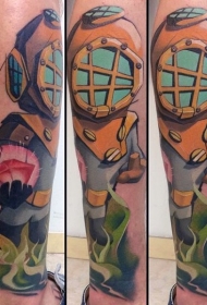 小腿new school彩色潜水员与钻石纹身图案