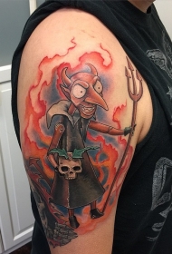 大臂卡通魔鬼与骷髅彩色纹身图案
