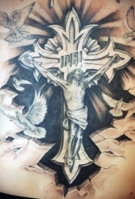 宗教风格黑白十字架和耶稣纹身图案
