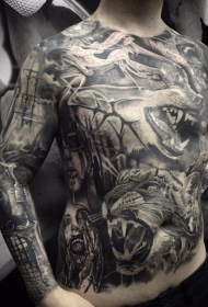 全身毛骨悚然的黑色恐怖各种怪物和动物纹身图案