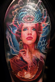 彩色美女肖像和梵花眼睛纹身图案