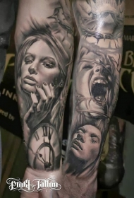 手臂黑灰欧美女人肖像纹身图案