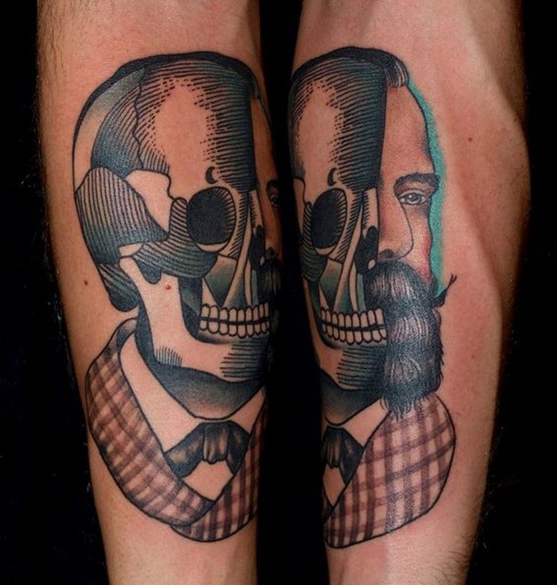 手臂彩色设计半骨架半人纹身