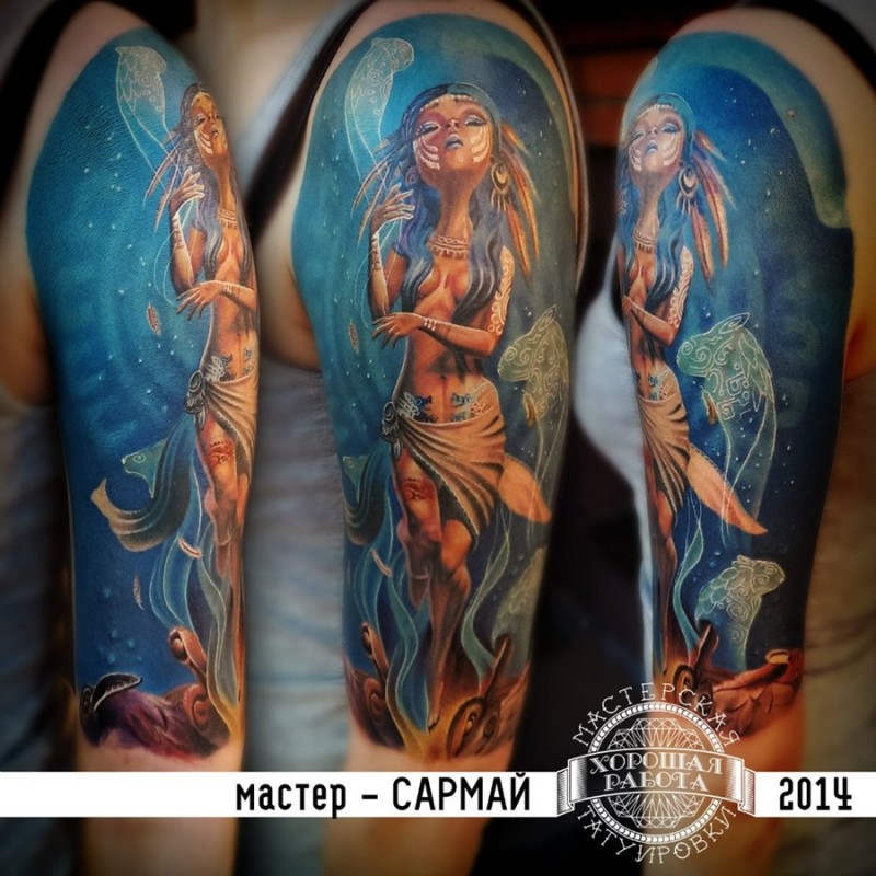 手臂插画风格颜色漂亮的海底与女孩纹身图案