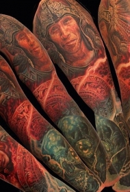 花臂玛雅主题彩色纹身图案