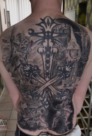 背部黑灰各种神秘人物与标志纹身图案