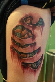 大腿丰富多彩的撕皮机械纹身图案