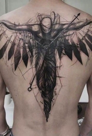 背部素描风格黑色线条幻想人类与时钟纹身图案