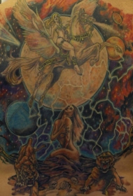 背部彩色女孩在飞马女战士纹身