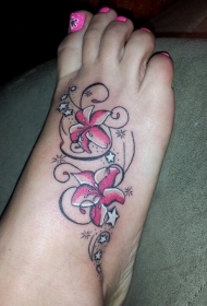 脚背星星花朵彩色纹身图案