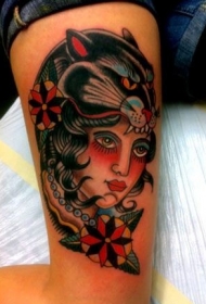 大腿old school黑豹和女郞头像纹身图案