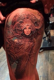 大腿幻想风格彩色女人肖像纹身图案