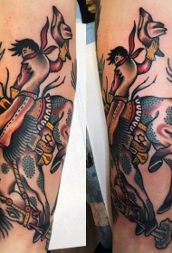 老派风格的彩色牛仔骑马纹身图片