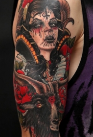 新的学校风格色恶魔山羊女人纹身图案