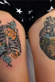 腿部彩色人体骨骼花朵纹身图案