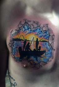 胸部令人惊叹的五彩渔船风景纹身图案