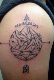 大臂黑色点刺old school山脉字母纹身图案