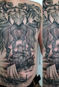 腹部海盗主题黑色帆船建筑纹身图案