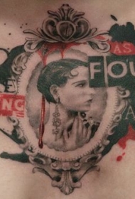 黑灰女人肖像与不同颜色的字体纹身图案