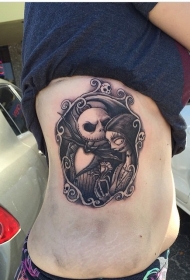 侧肋黑白卡通僵尸新娘纹身图案