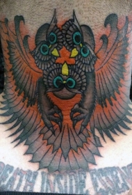 颈部老派风格神秘彩色猫头鹰纹身图片