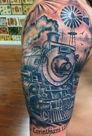 肩部老西部火车字母纹身图案