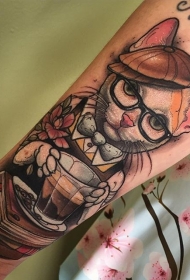 new school彩色可爱的猫与帽子和书籍纹身图案