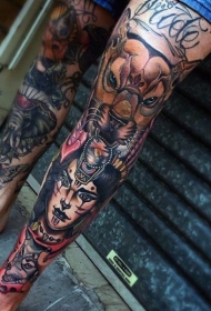 新的学校风格彩色古代女人与狗纹身