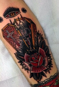 老派风格的五彩棺材骨架纹身图片