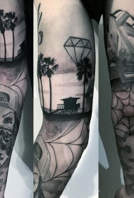 手臂黑灰钻石蜘蛛网树纹身图案