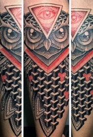 腿部几何风格彩色猫头鹰纹身图片