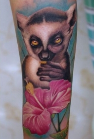 手臂美好写实的丰富多彩狐猴花朵纹身图案