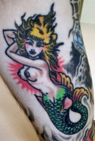 腿部彩色金发裸体美人鱼纹身