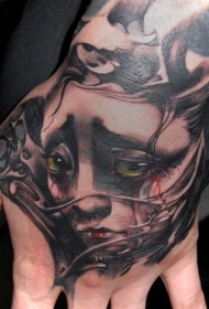 手背彩绘亚洲艺妓肖像纹身图案