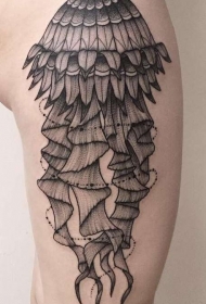 大腿old school黑灰线条水母纹身图案