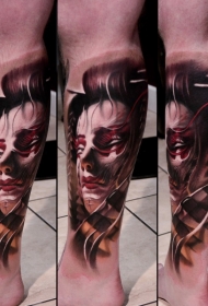 腿部彩色的新学校风格恶魔艺妓纹身