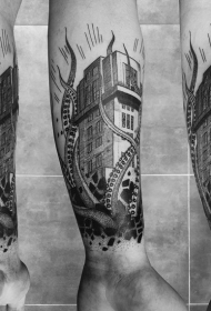 小臂神秘黑色章鱼和房子纹身图案