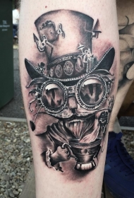 小腿黑灰个性的机械猫和帽子纹身图案