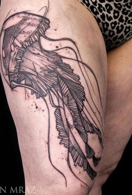 黑色线条水母大腿纹身图案